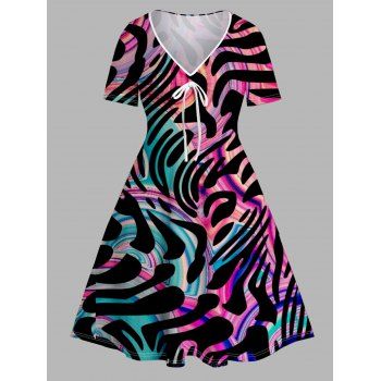 

Plus Size & Curve Dress Allover Zebra Colorful Print Cinched V Neck Short Sleeve Dress, Multicolor