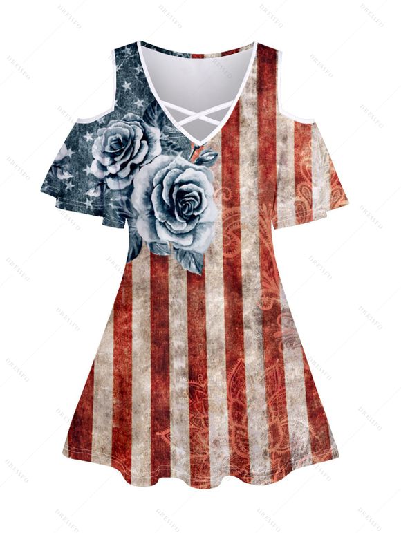 T-shirt à Imprimé Drapeau Américain Fleur Epaule Dénudée à Manches Courtes - Rouge XXL