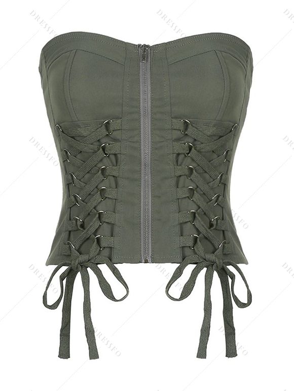 Top Tube Vintage Zippé en Couleur Unie à Lacets Sans Bretelle - Vert profond L