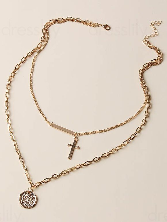Collier Tendance Superposé à Plusieurs Branches avec Pendentifs Croix et Géométrie - d'or 