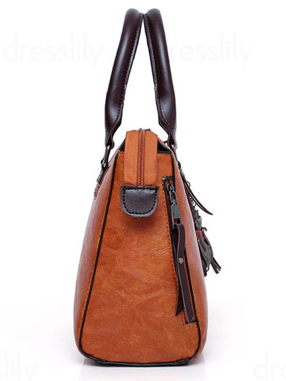 3 Pièces Sacs à Main Vintage en Cuir PU avec Fermeture Éclair et Pompon pour Extérieur - café 