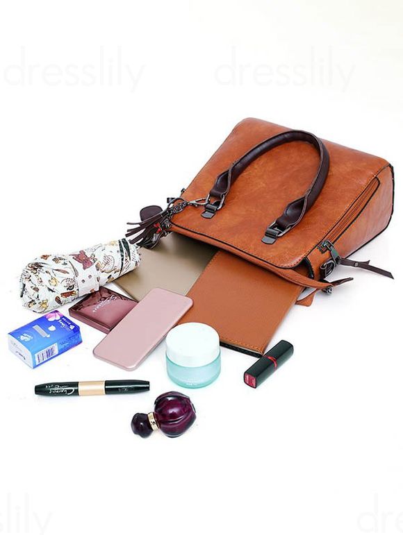 3 Pièces Sacs à Main Vintage en Cuir PU avec Fermeture Éclair et Pompon pour Extérieur - café 