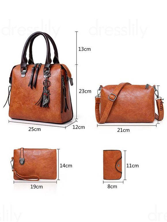 3 Pièces Sacs à Main Vintage en Cuir PU avec Fermeture Éclair et Pompon pour Extérieur - café 