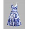 Floral Ceramic Print Cami Dress Surplice Plunge Spaghetti Strap Backless Dress - BLUE M