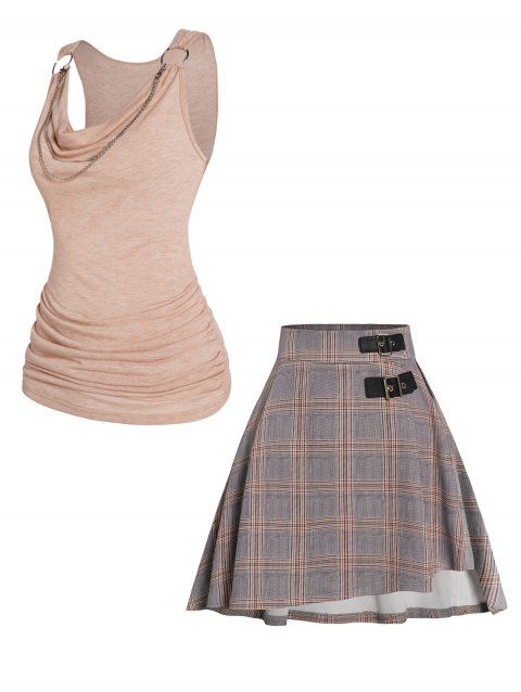 Cowl Neck Draped Ruched Chain Embellishment Tank Top And Plaid Print Buckle Strap High Low A Line Mini Skirt Outfit