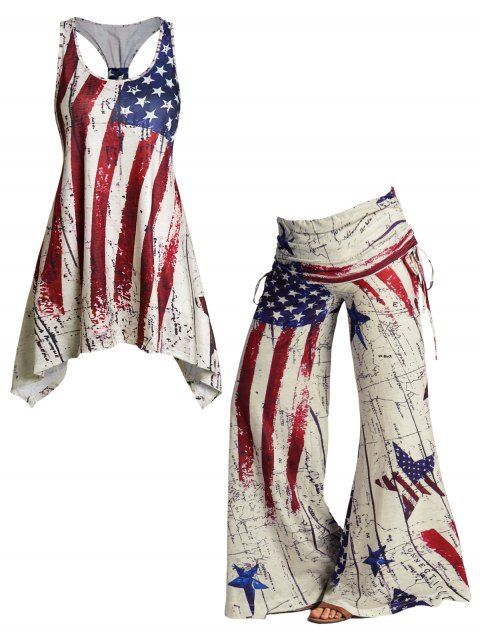 American Flag Print Asymmetric Tank Top And Star And Stripe Map Print Cinched Foldover Wide Leg Pants Patriotic Outfit