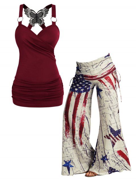 Ruched Butterfly Lace O Ring Tank Top And Star And Stripe Map Print Cinched Foldover Wide Leg Pants Patriotic Outfit