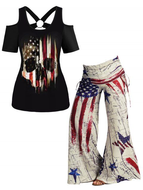 American Flag Skull Print Cold Shoulder O Ring Cut Out T-shirt And Map Print Cinched Foldover Wide Leg Pants Patriotic Outfit