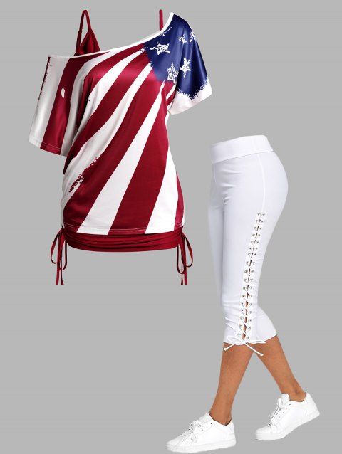 American Flag Print Skew Collar Cinched Short Sleeve Tops And Lace Up Capri Leggings Patriotic Outfit