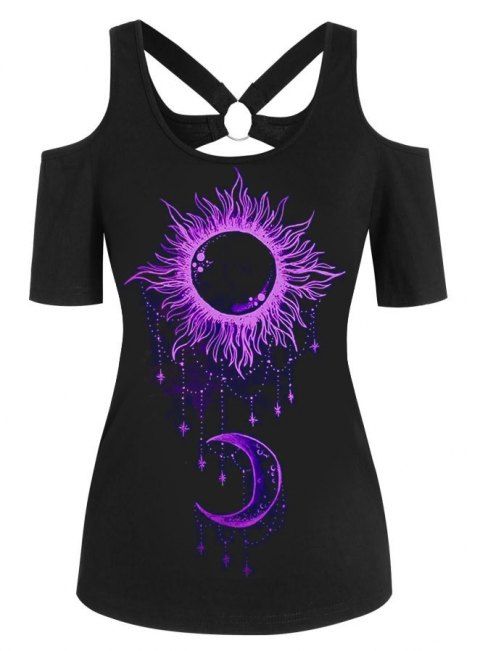 Cold Shoulder Cut Out T-shirt Sun And Moon Print O Ring Short Sleeve Tee