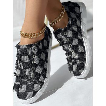 

Check Print Raw Eyelet Slip On Canvas Shoes, Black