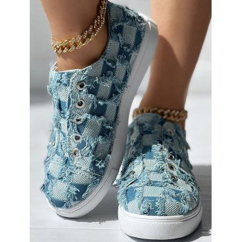 

Check Print Raw Eyelet Slip On Canvas Shoes, Blue