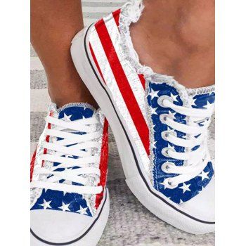 

American Flag Elements Frayed Hem Lace Up Patriotic Canvas Shoes, White