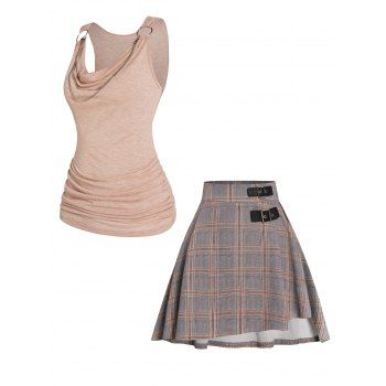 

Cowl Neck Draped Ruched Chain Embellishment Tank Top And Plaid Print Buckle Strap High Low A Line Mini Skirt Outfit, Multicolor