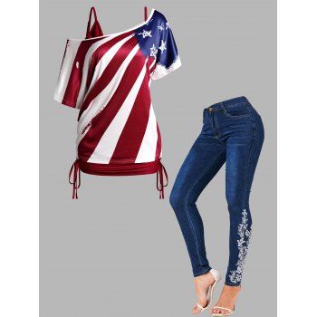 

American Flag Print Skew Collar Cinched T-shirt And Skinny Embroidery Flower Butterfly Rhinestone Jeans Patriotic Outfit, Multicolor