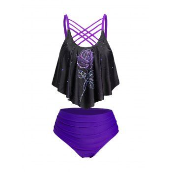 

Plus Size Tankini Swimsuit Lattice Strap Rose Print Colorblock Swimwear Tummy Control Vacation Bathing Suit, Purple