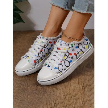 

Frayed Hem Printed Lace Up Casual Flat Canvas Shoes, White