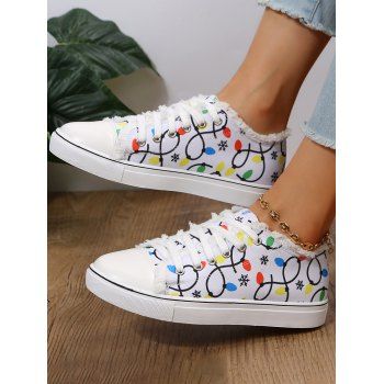 Frayed Hem Printed Lace Up Casual Flat Canvas Shoes