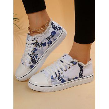 

Frayed Hem Printed Lace Up Casual Flat Canvas Shoes, Blue