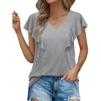 

V Neck Flounce Short Sleeve Heathered Casual T-shirt, Light gray