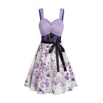 

Colorblock Flower Print Dress Lace Panel Empire Waist Belted Mock Button A Line Mini Dress, Light purple