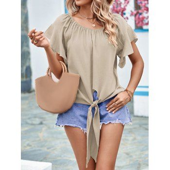 

Plain Color Multi-way Tie Bowknot Blouse Flutter Sleeve Casual Top, Light coffee