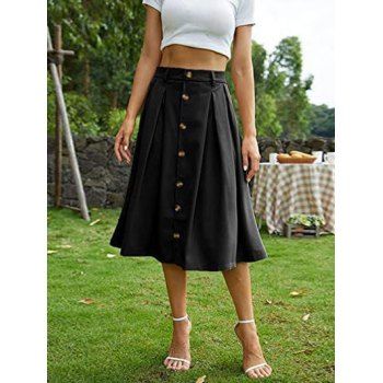 

Mock Button Solid Color Midi Skirt Split Elastic Waist A Line Skirt, Black