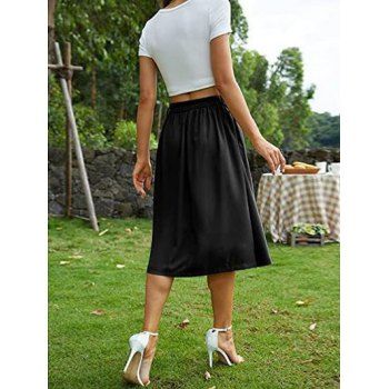 Mock Button Solid Color Midi Skirt Split Elastic Waist A Line Skirt