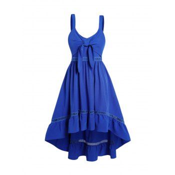

Bowknot High Low Midi Dress Embroidery Hollow Out Sleeveless V Neck Dress, Deep blue