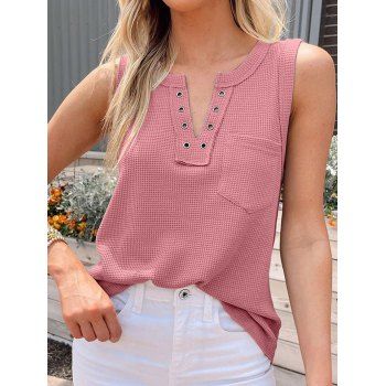 

Solid Color Textured Tank Top Pocket Patched Notched Eyelet Curved Hem Tank Top, Light pink