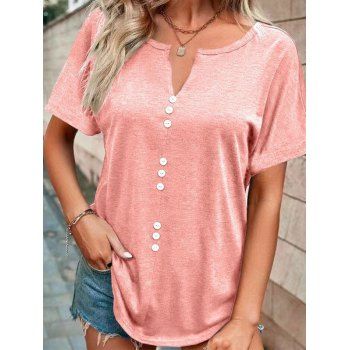 

Mock Button Notched T-shirt Curved Hem Short Sleeve Casual Tee, Light pink