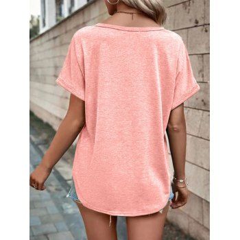 Mock Button Notched T-shirt Curved Hem Short Sleeve Casual Tee