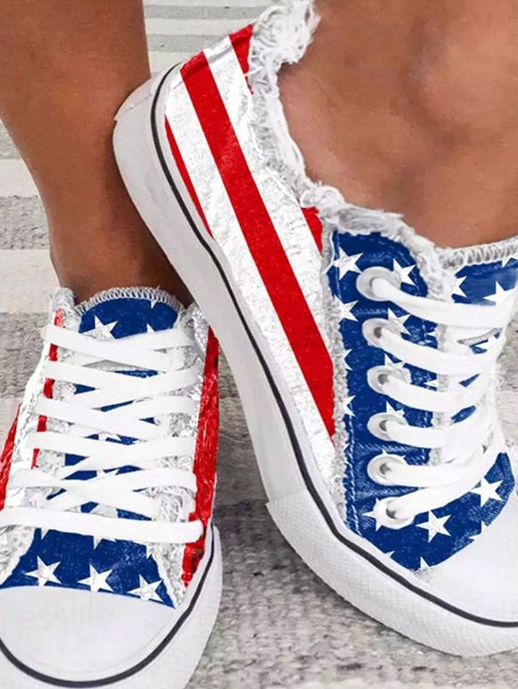 American Flag Elements Frayed Hem Lace Up Patriotic Canvas Shoes - Bleu Foncé Toile de Jean EU 35