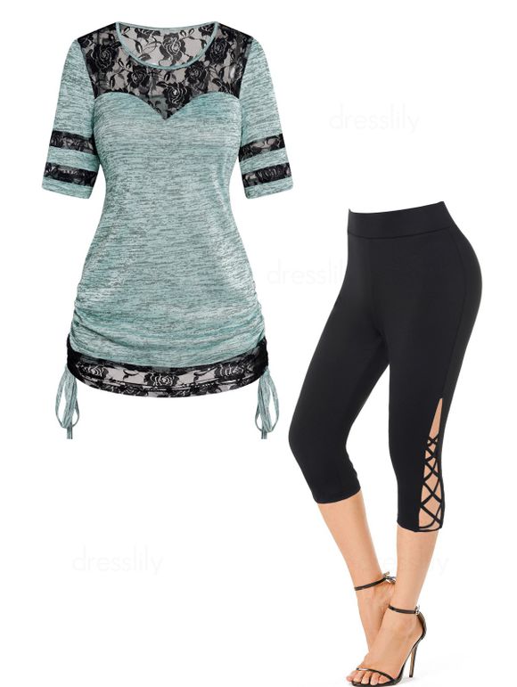 Ensemble de T-shirt Panneau en Dentelle à Manches Courtes et Legging Capri en Treillis - multicolor S