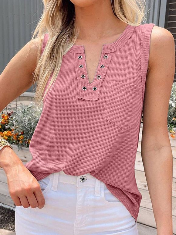 Solid Color Textured Tank Top Pocket Patched Notched Eyelet Curved Hem Tank Top - LIGHT PINK XL