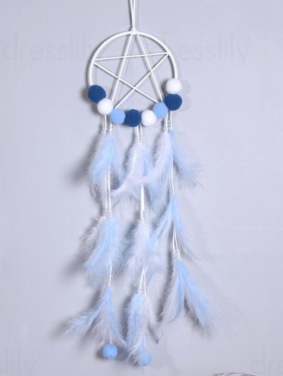 Attrape-Rêve Orné de Plumes Artificielles et Boules Style Frais Décor Maison - Bleu clair 