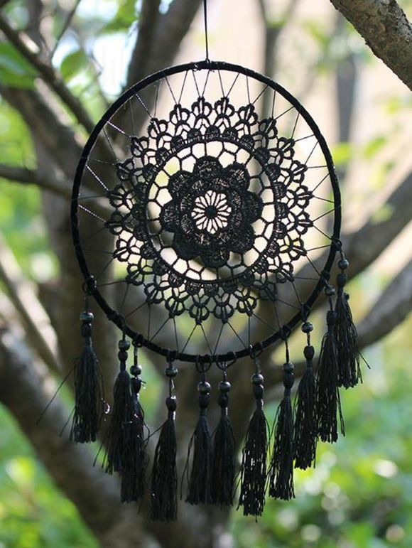 Attrape-Rêve en Forme de Rond Motif Fleurs et Pompons Décoration à Suspendre - Noir 