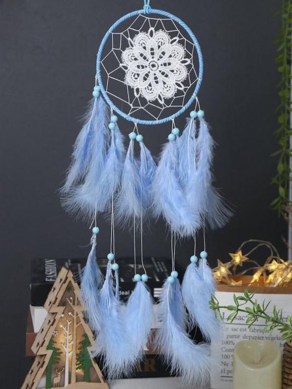 Attrape-Rêve en Forme de Rond Motif Fleurs et Plumes et Perles Fantaisies à Suspendre - Bleu clair 