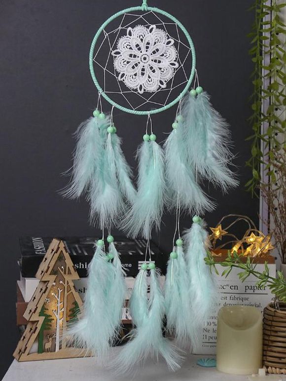 Attrape-Rêve en Forme de Rond Motif Fleurs et Plumes et Perles Fantaisies à Suspendre - Vert clair 