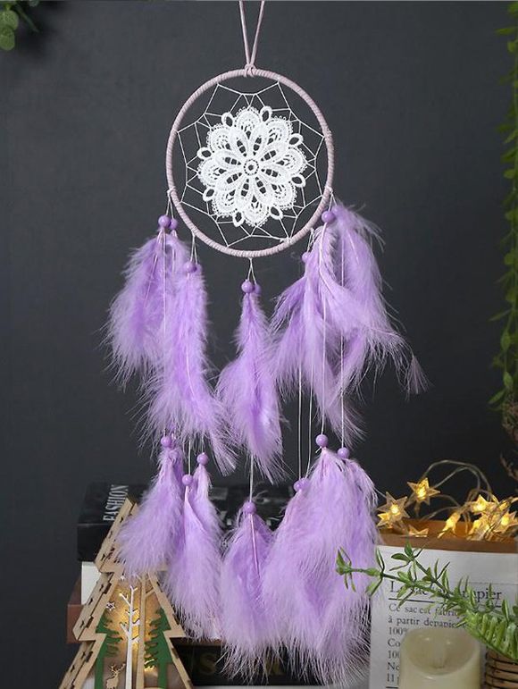 Attrape-Rêve en Forme de Rond Motif Fleurs et Plumes et Perles Fantaisies à Suspendre - Violet clair 