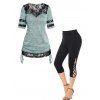 Ensemble de T-shirt Panneau en Dentelle à Manches Courtes et Legging Capri en Treillis - multicolor S