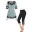 Ensemble de T-shirt Panneau en Dentelle à Manches Courtes et Legging Capri en Treillis - multicolor S
