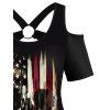 American Flag Skull Print Cold Shoulder O Ring Cut Out T-shirt And Map Print Cinched Foldover Wide Leg Pants Patriotic Outfit - multicolor S