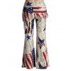 American Flag Skull Print Cold Shoulder O Ring Cut Out T-shirt And Map Print Cinched Foldover Wide Leg Pants Patriotic Outfit - multicolor S