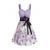 Colorblock Flower Print Dress Lace Panel Empire Waist Belted Mock Button A Line Mini Dress