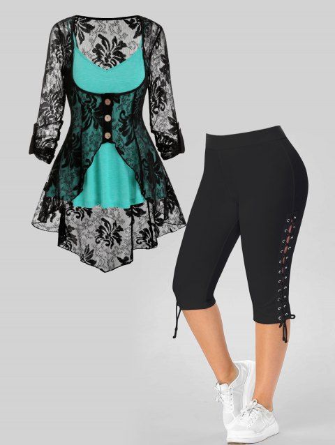 Plus Size Flare Skirted Cami Top See Thru Flower Lace Blouse And Lace Up Cropped Leggings Outfit