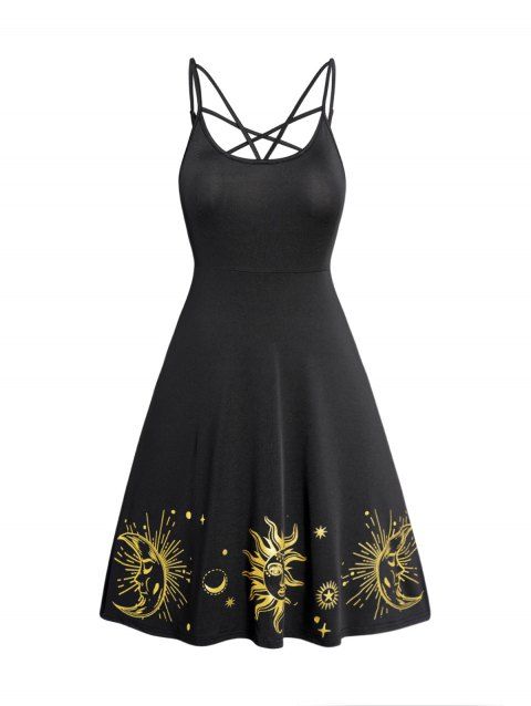 Plus Size Mini Dress Cut Out Sun Moon Star Print Sleeveless High Waisted A Line Dress