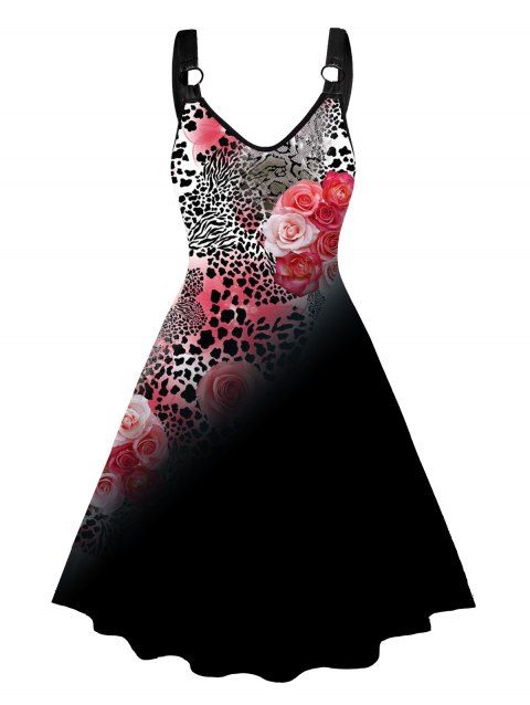 Robe Mi-Longue Ligne A à Imprimé Rose en Blocs de Couleurs à Taille Haute à Col V de Grande Taille