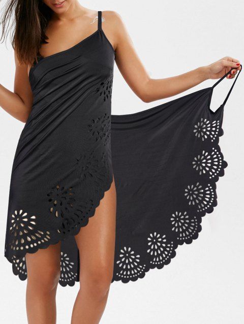 Plain Color Wrap Cover-up Dress Laser Cut Out Scalloped Spaghetti Strap Beach Cover-up