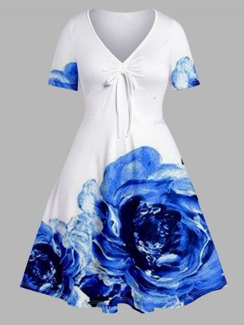 Plus Size Dress Flower Print Cinched V Neck Empire Waist A Line Midi Dress